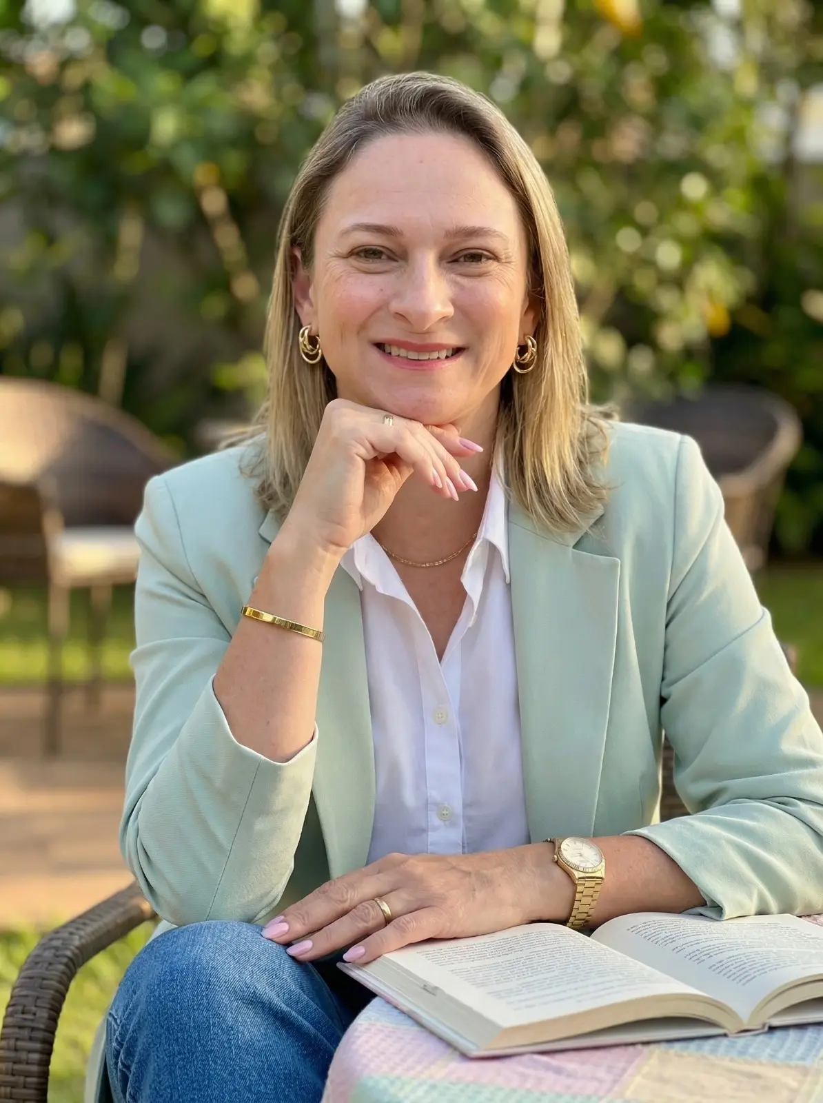 Daniela Salomão, psicóloga clínica em Campo Grande MS, sorrindo em frente a estantes de livros